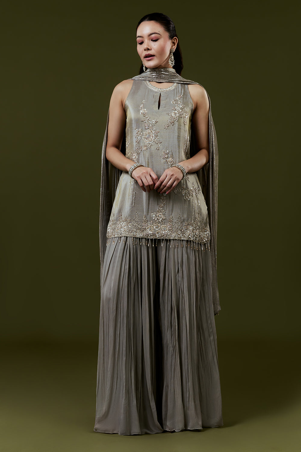 Grey Net Kurta Set with Moti Cutdana and Sequins