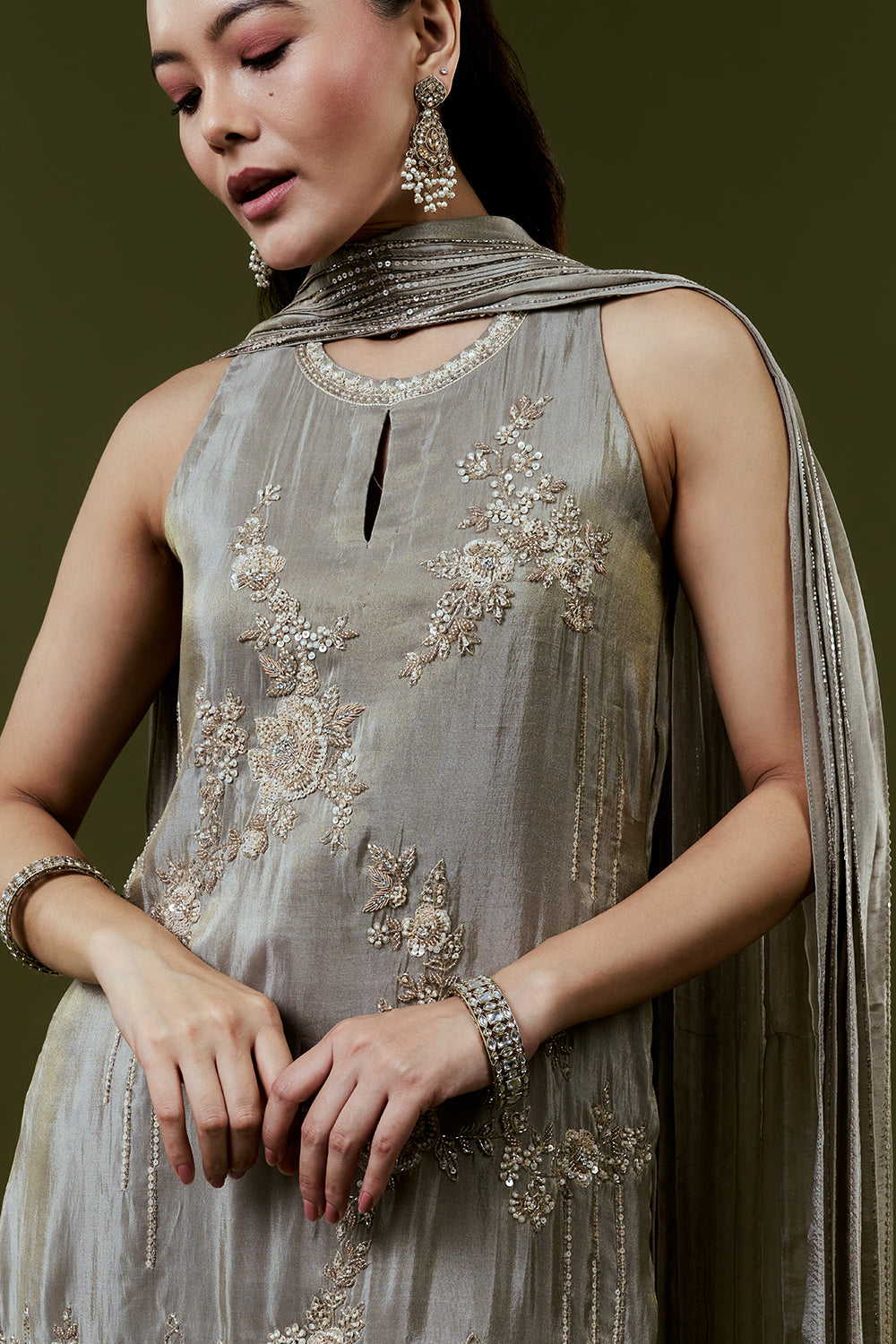 Grey Net Kurta Set with Moti Cutdana and Sequins