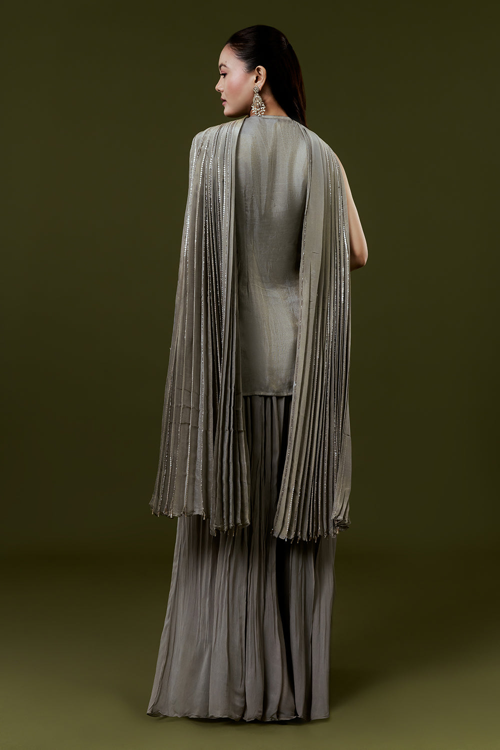 Grey Net Kurta Set with Moti Cutdana and Sequins