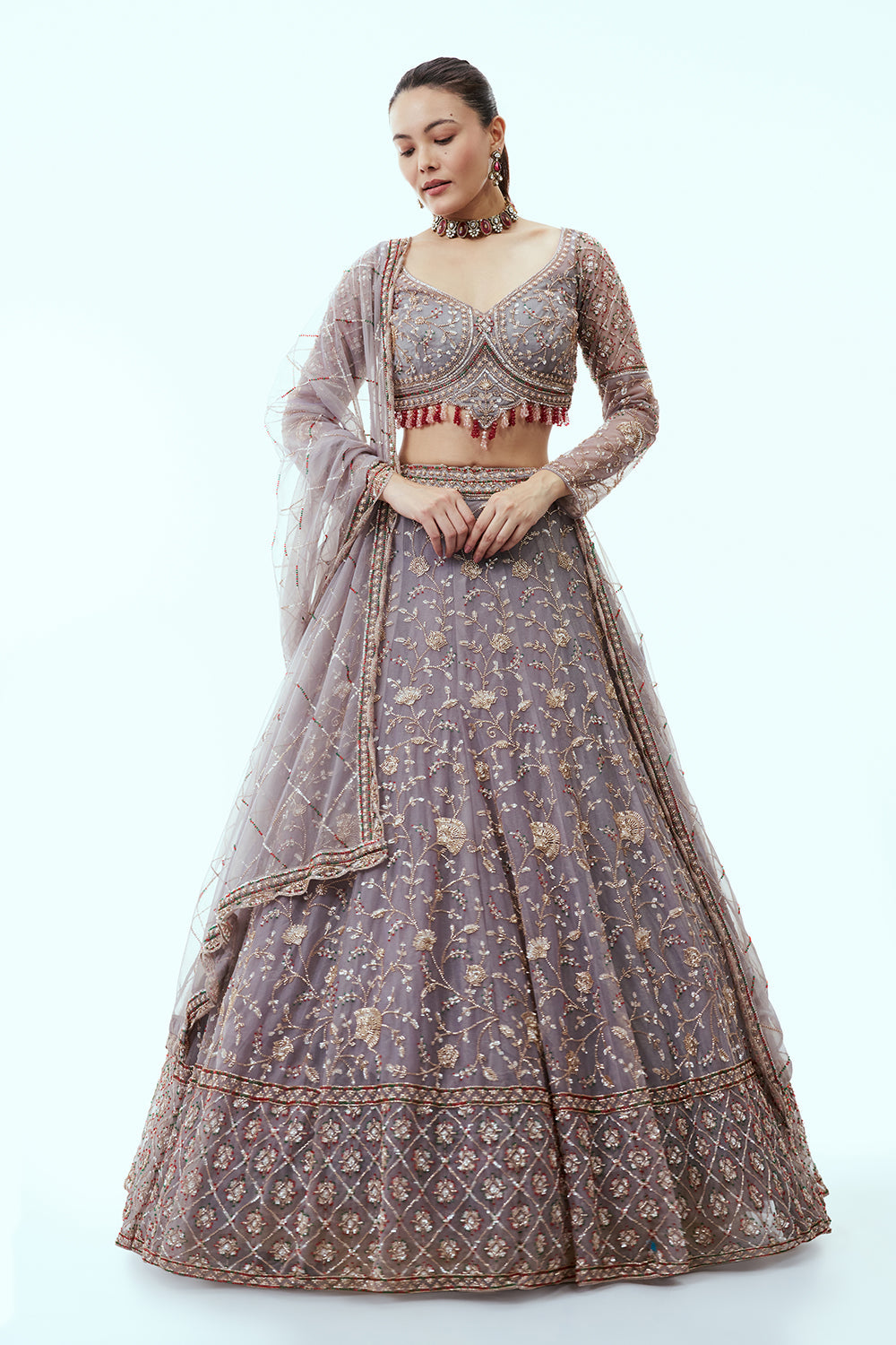 Grey Net Lehenga with Cutdana and Sequin Embroidery