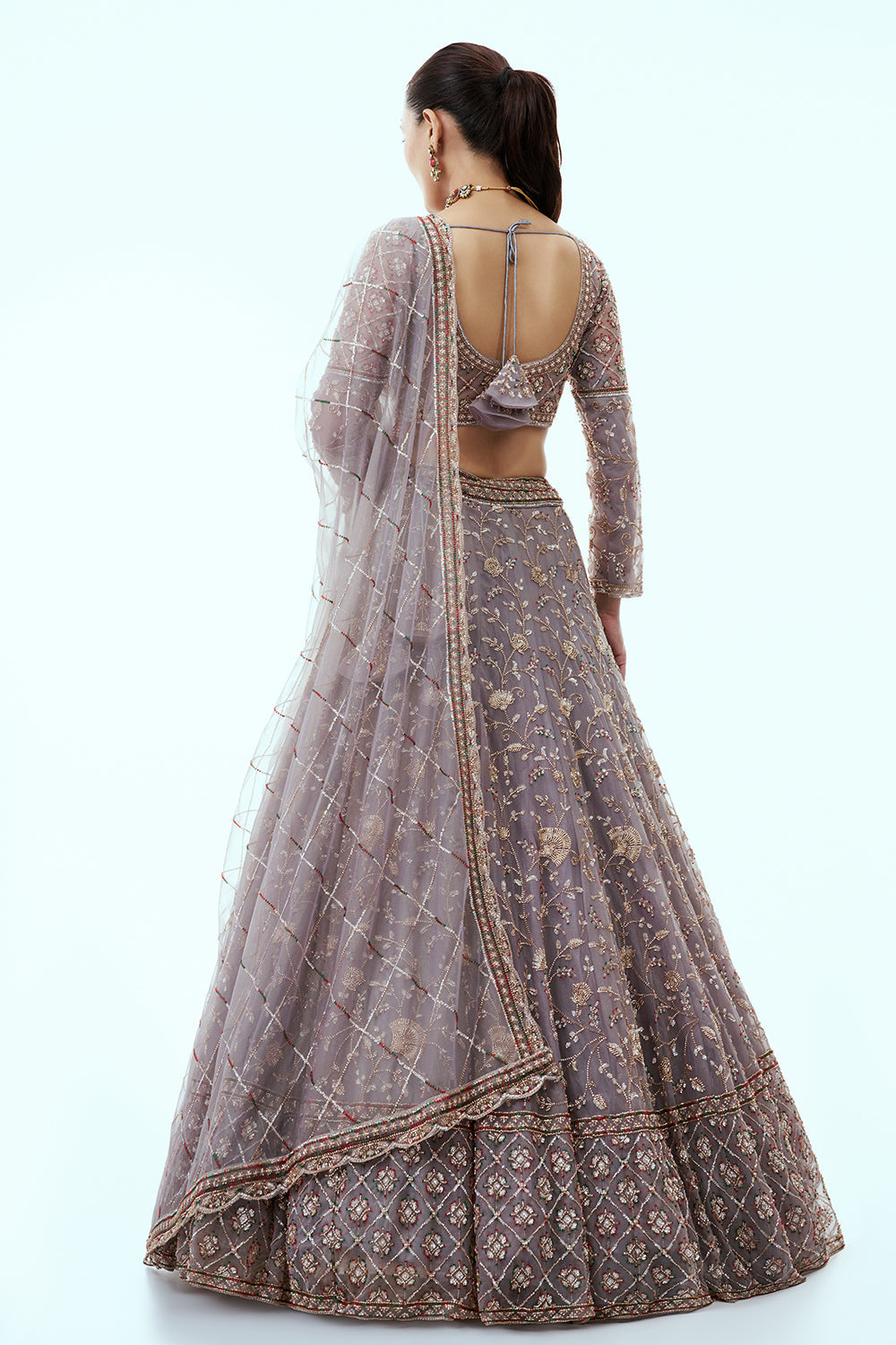 Grey Net Lehenga with Cutdana and Sequin Embroidery