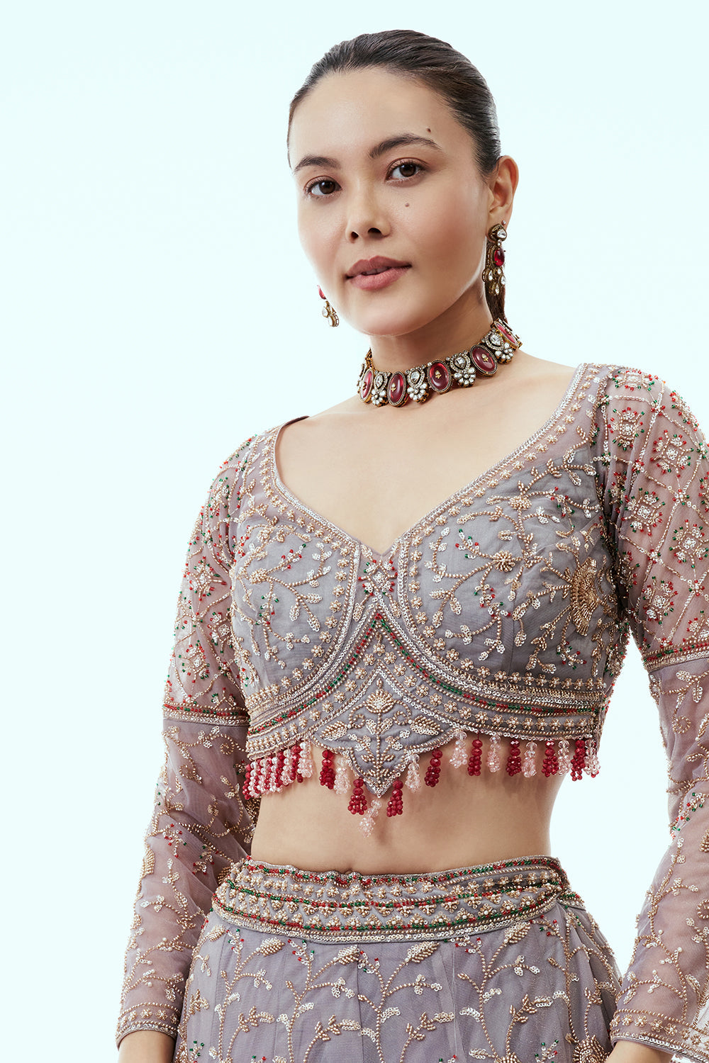 Grey Net Lehenga with Cutdana and Sequin Embroidery