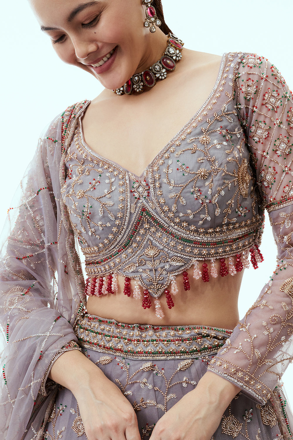Grey Net Lehenga with Cutdana and Sequin Embroidery
