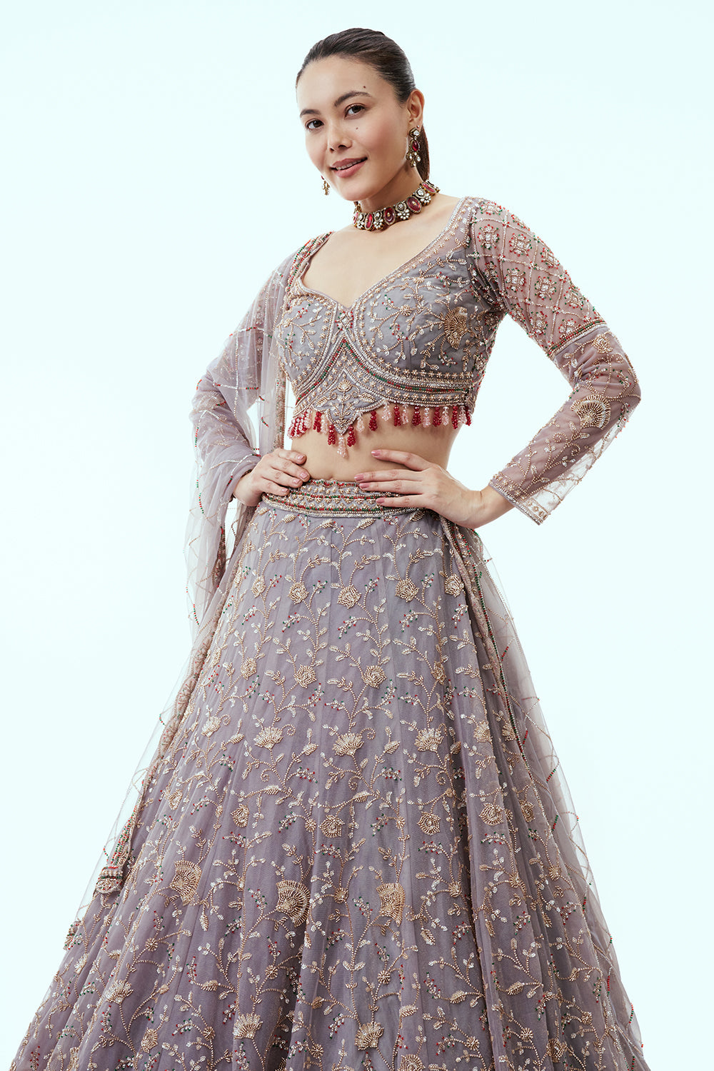 Grey Net Lehenga with Cutdana and Sequin Embroidery