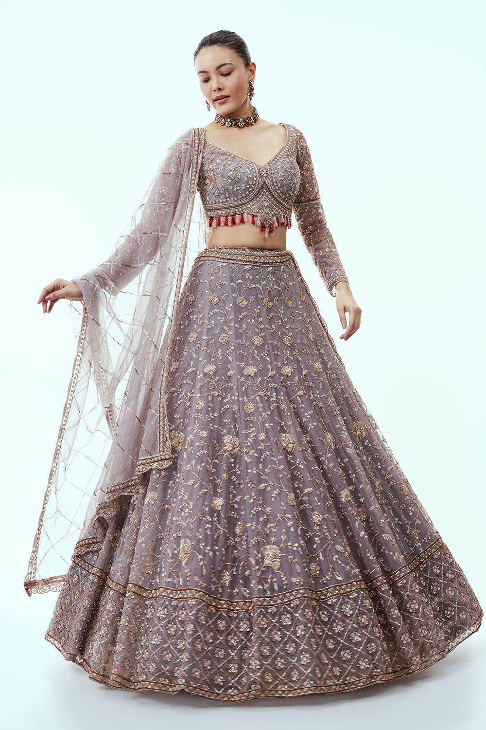 Grey Net Lehenga with Cutdana and Sequin Embroidery