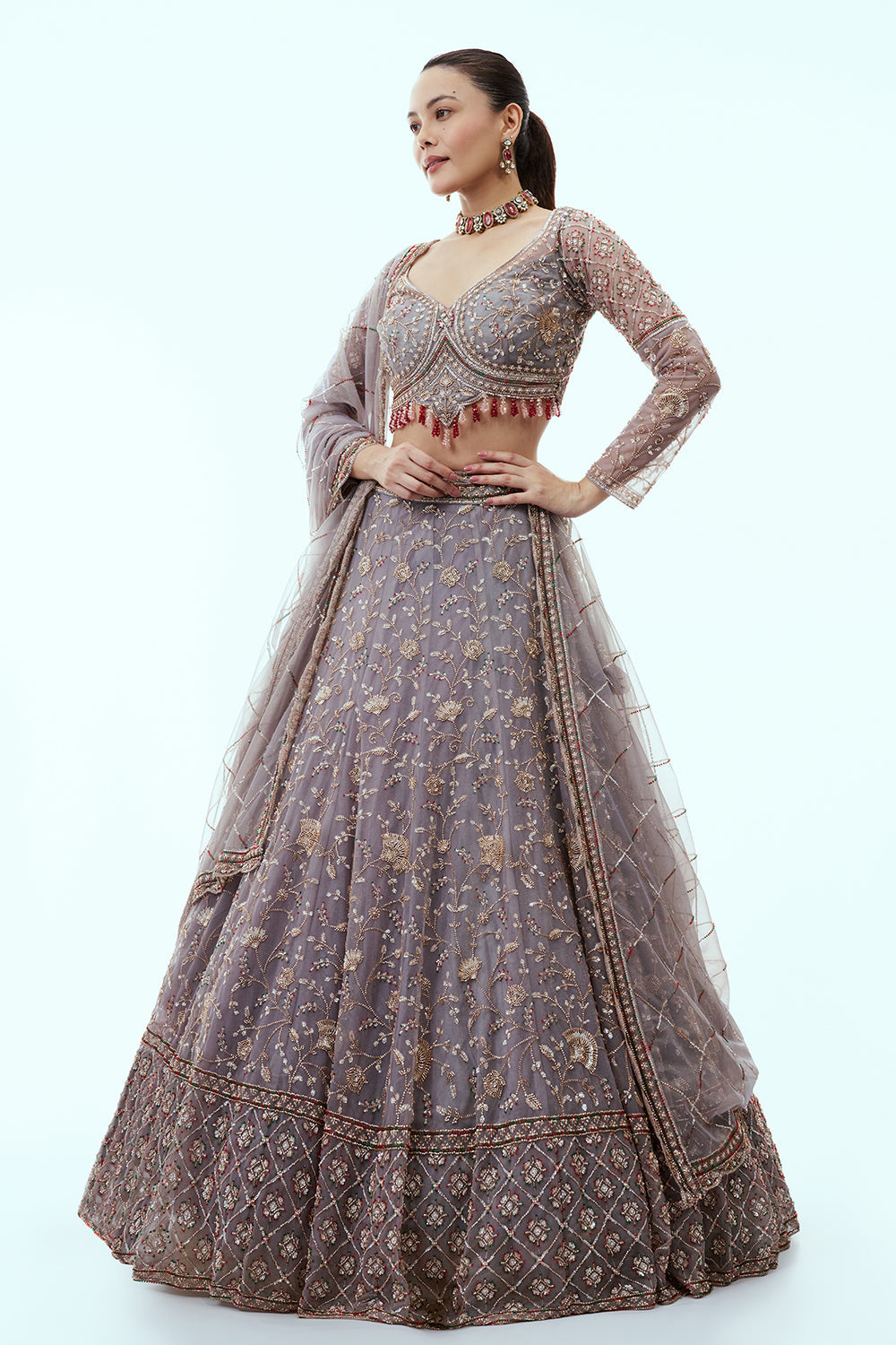 Grey Net Lehenga with Cutdana and Sequin Embroidery