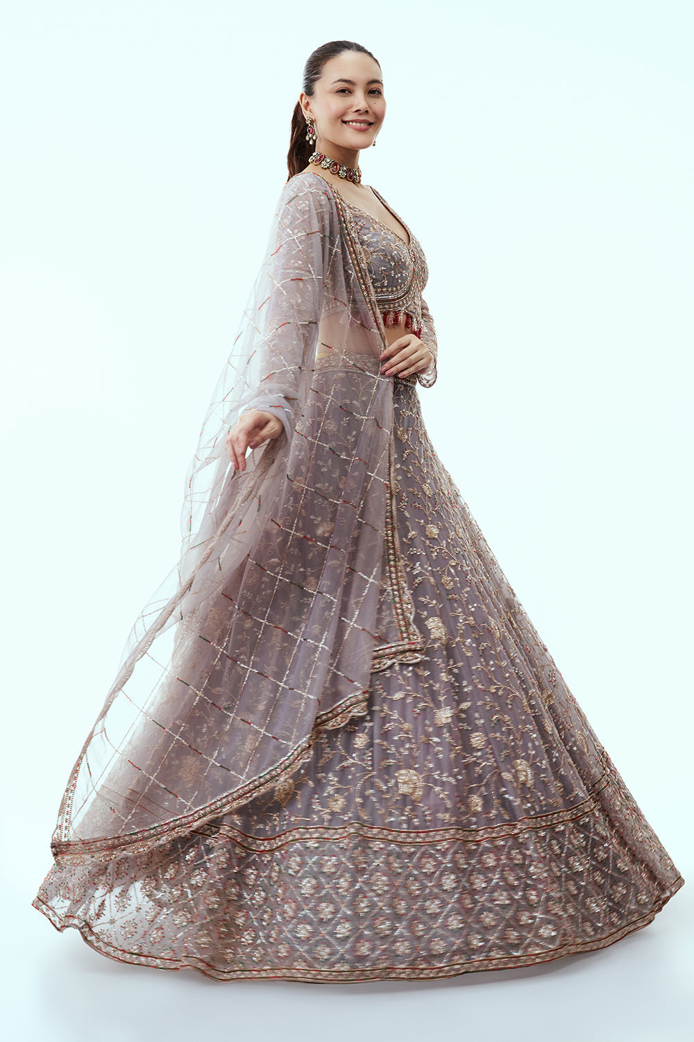Grey Net Lehenga with Cutdana and Sequin Embroidery