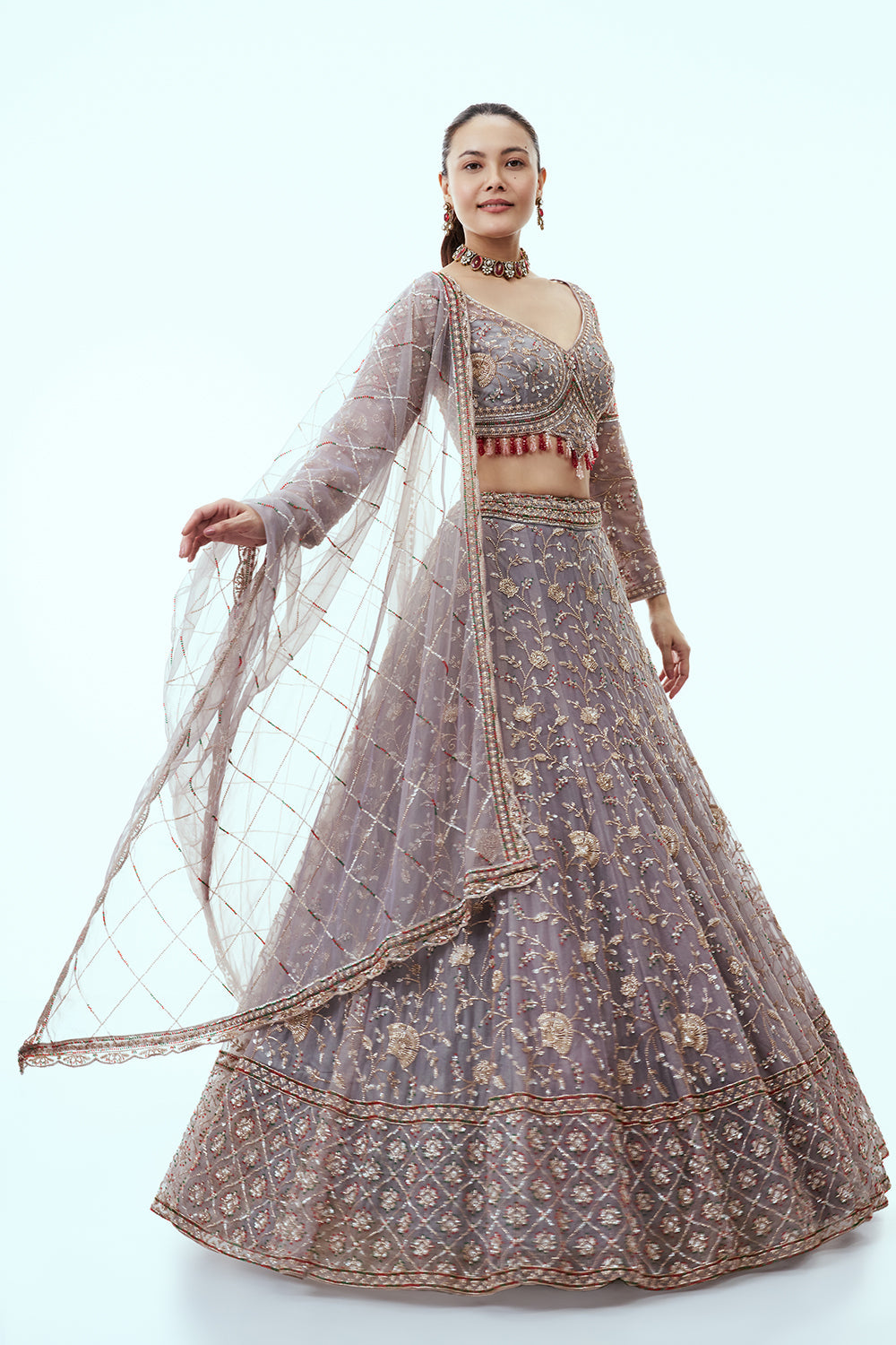 Grey Net Lehenga with Cutdana and Sequin Embroidery