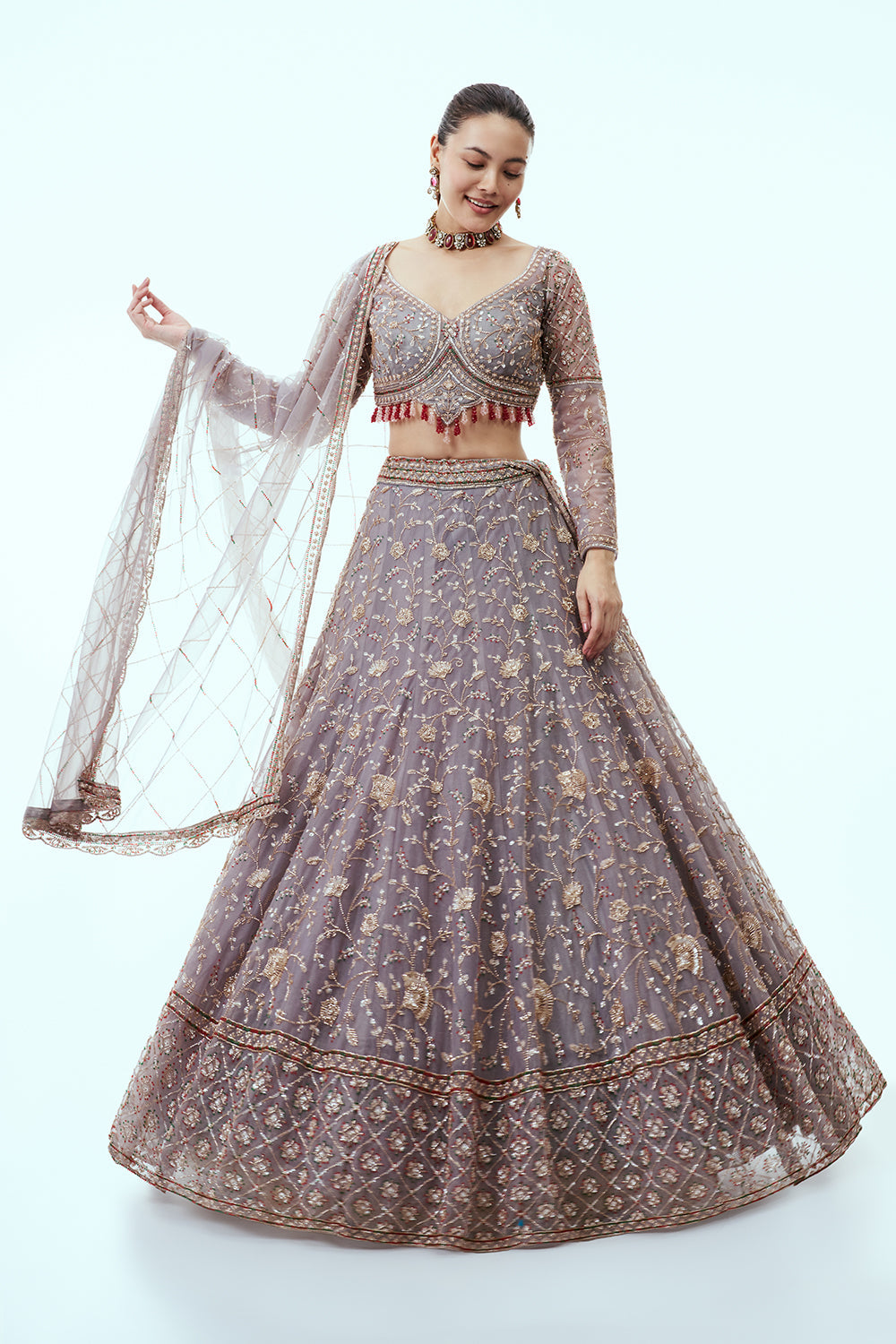 Grey Net Lehenga with Cutdana and Sequin Embroidery