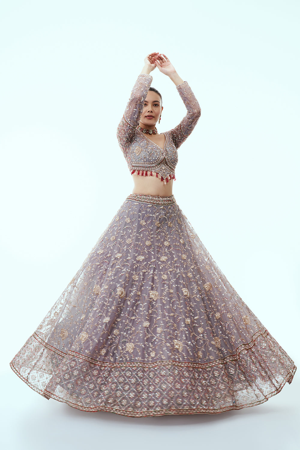 Grey Net Lehenga with Cutdana and Sequin Embroidery