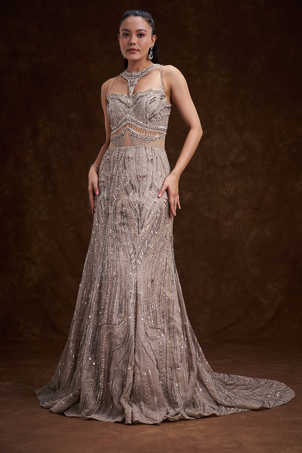 Grey Organza Bridal Gown with Abstract Embellishments