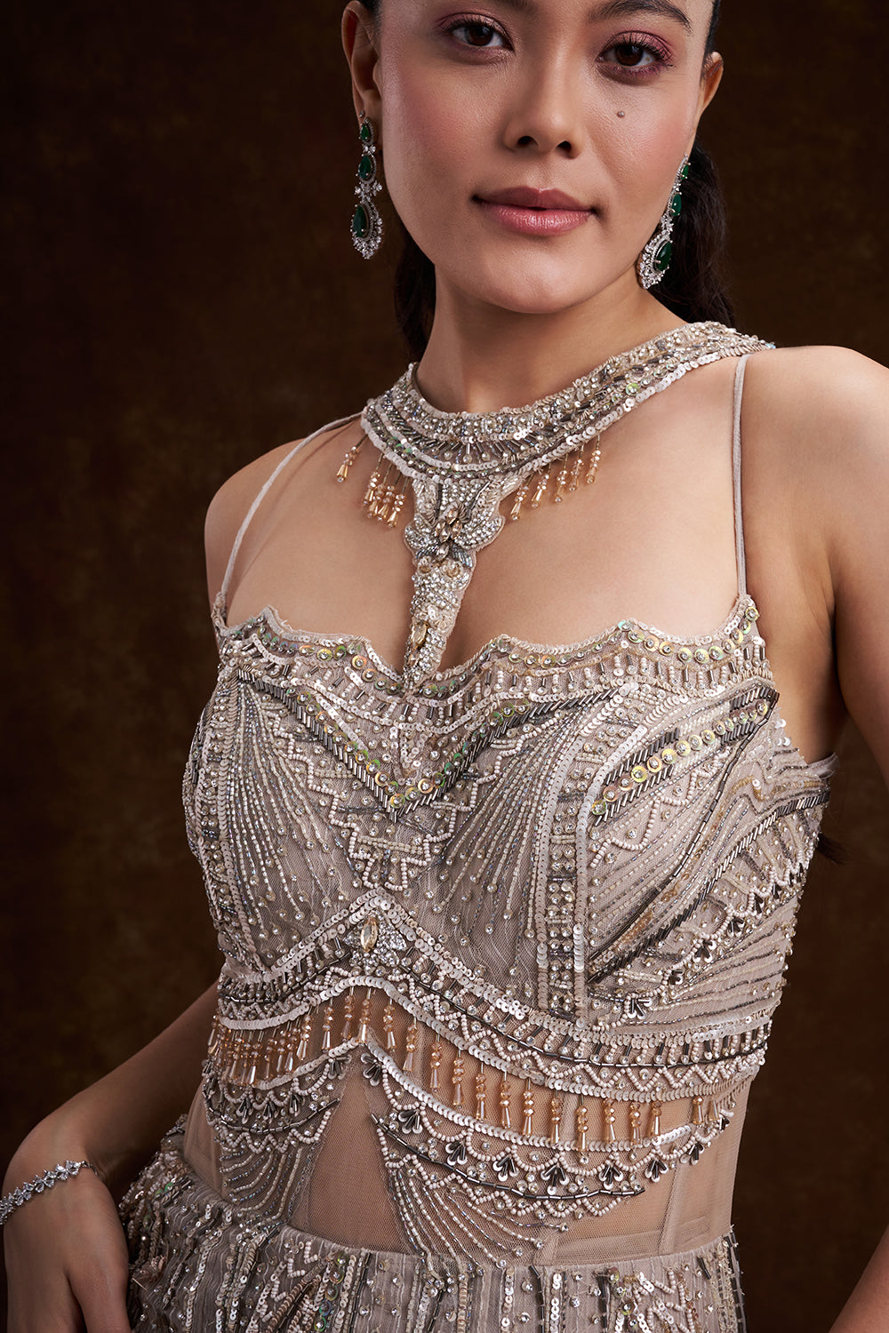 Grey Organza Bridal Gown with Abstract Embellishments
