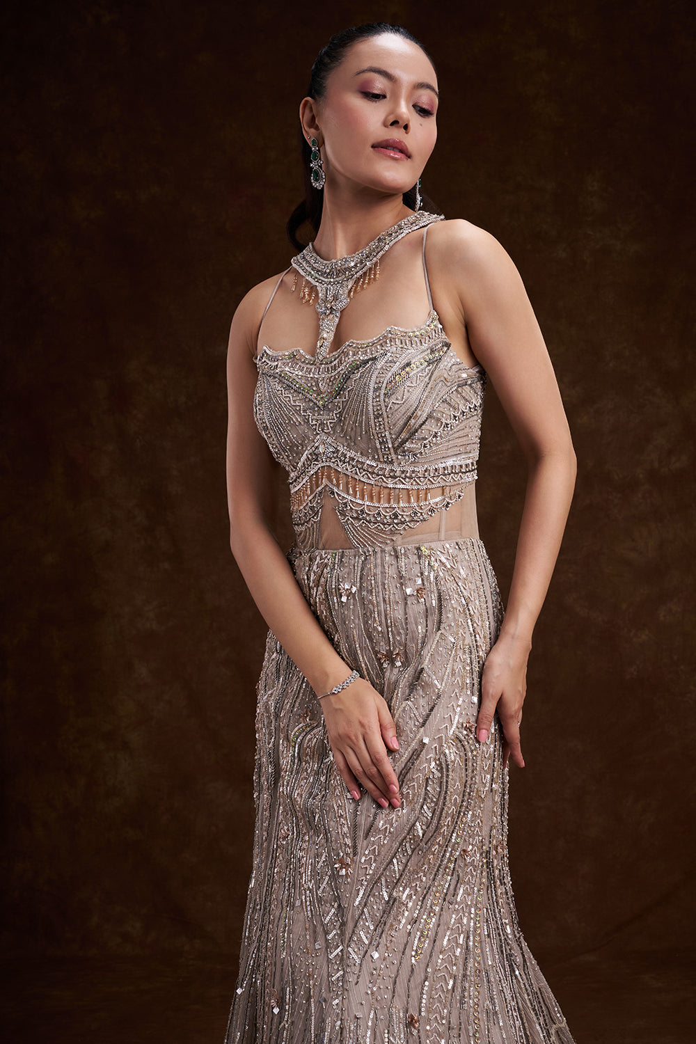 Grey Organza Bridal Gown with Abstract Embellishments