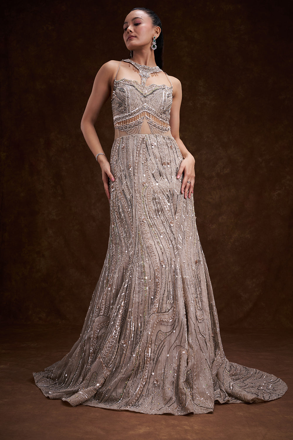 Grey Organza Bridal Gown with Abstract Embellishments