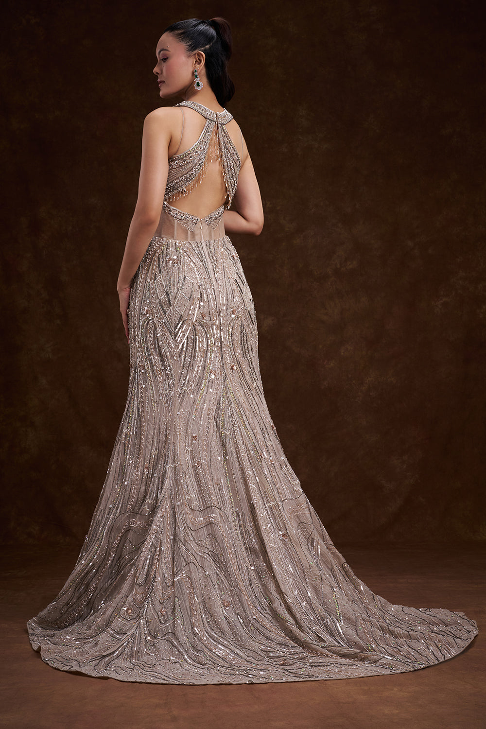 Grey Organza Bridal Gown with Abstract Embellishments