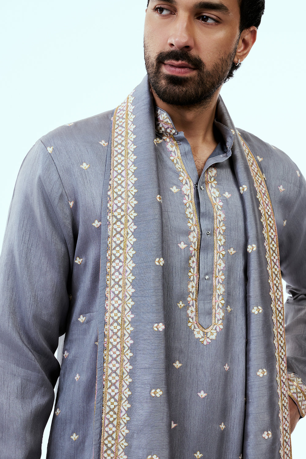 Grey Raw Silk Mens Kurta Set in Resham Work with Dupatta