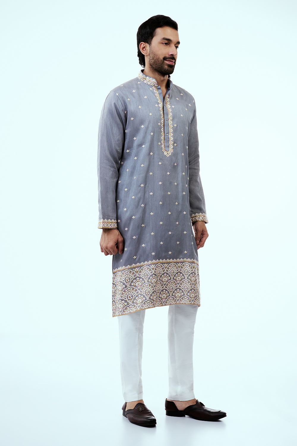 Grey Raw Silk Mens Kurta Set in Resham Work with Dupatta