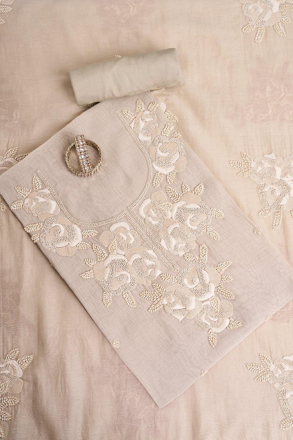 Grey Resham & Moti Embroidered Unstitched Suit Set