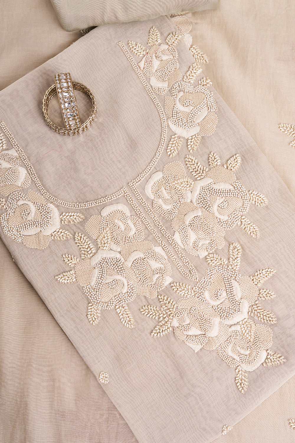 Grey Resham & Moti Embroidered Unstitched Suit Set