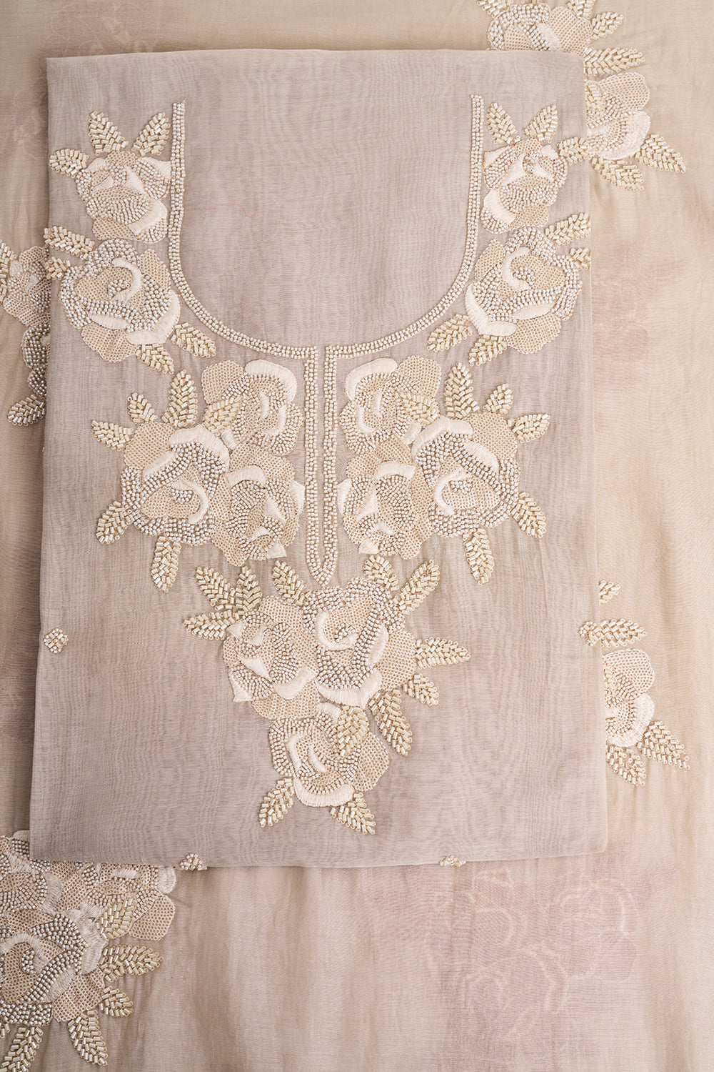Grey Resham & Moti Embroidered Unstitched Suit Set