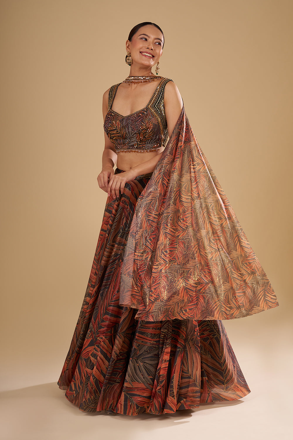 Grey and Saffron Orange Organza Lehenga Set with Crystal Embellishments