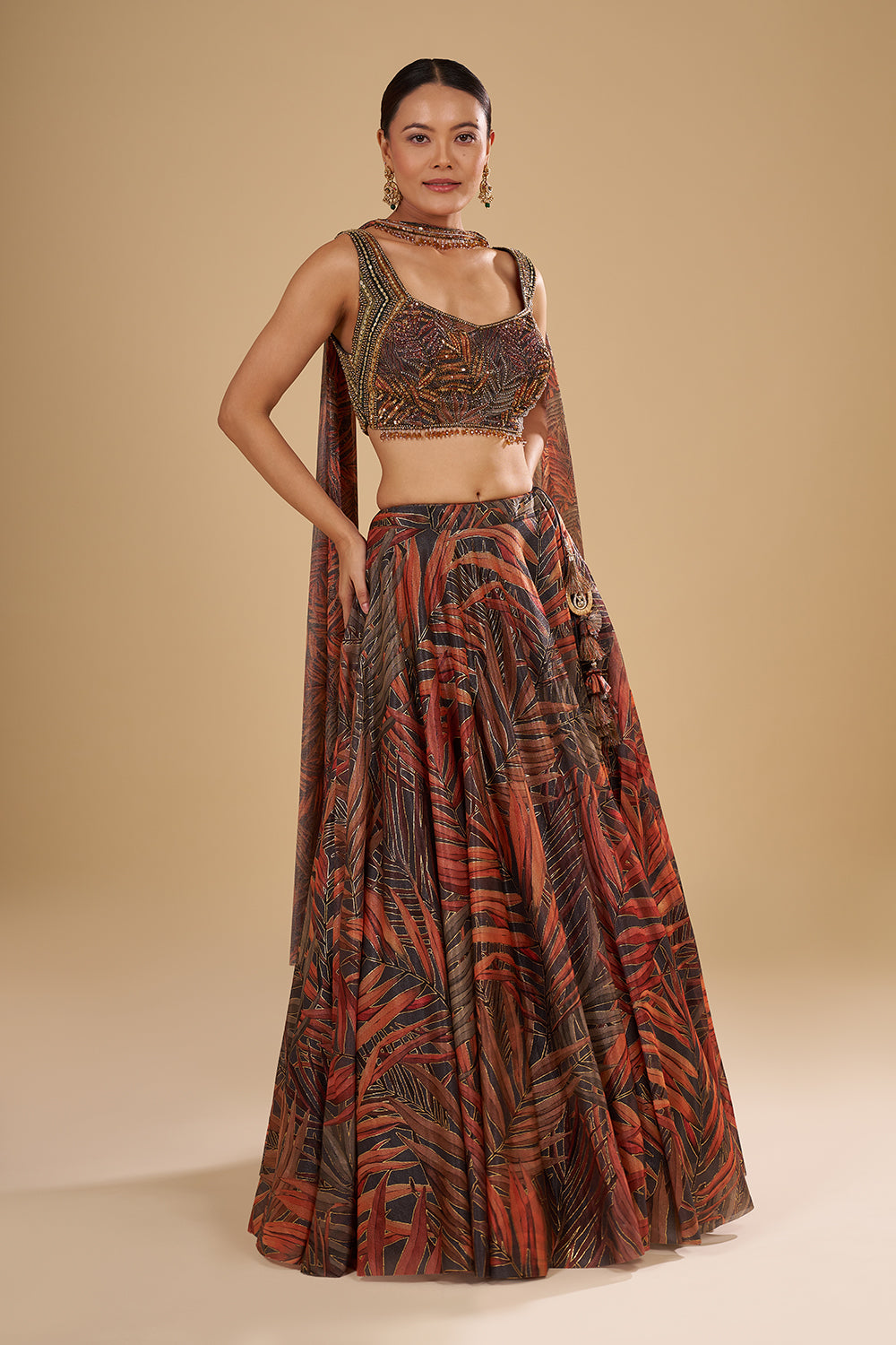 Grey and Saffron Orange Organza Lehenga Set with Crystal Embellishments