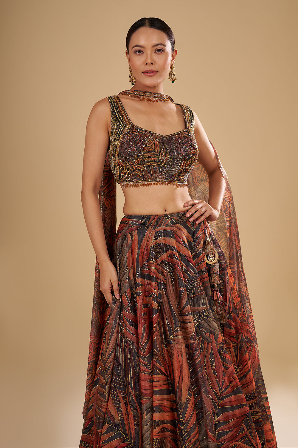 Grey and Saffron Orange Organza Lehenga Set with Crystal Embellishments