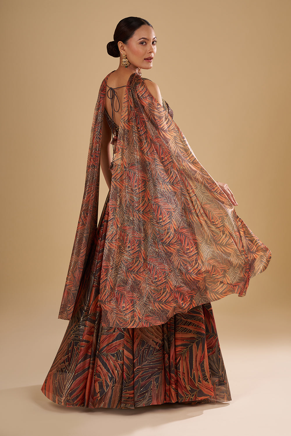Grey and Saffron Orange Organza Lehenga Set with Crystal Embellishments