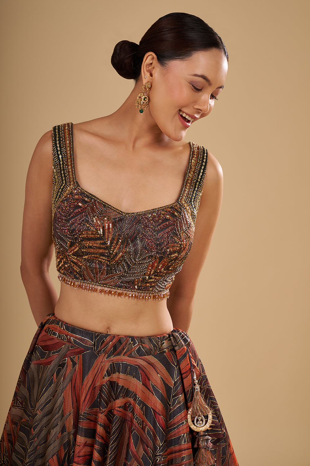 Grey and Saffron Orange Organza Lehenga Set with Crystal Embellishments