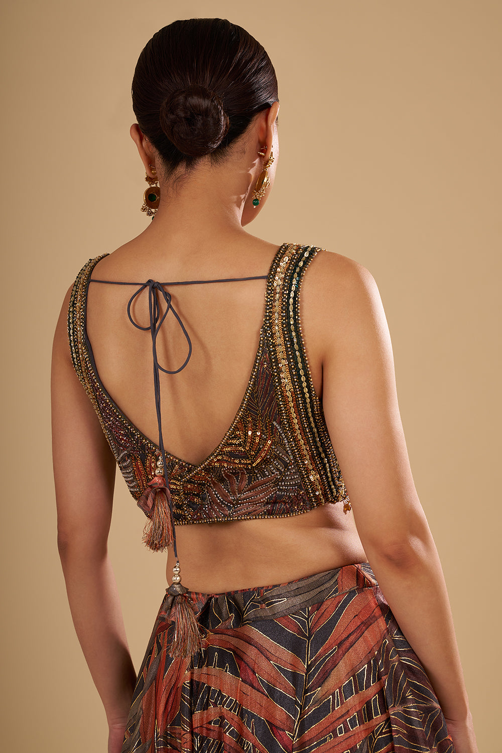 Grey and Saffron Orange Organza Lehenga Set with Crystal Embellishments