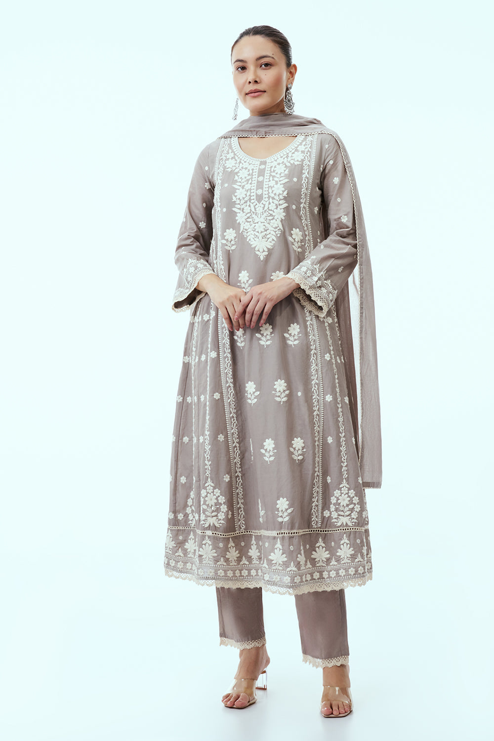 Grey Mul Cotton Anarkali Set with Lucknowi Embroidery