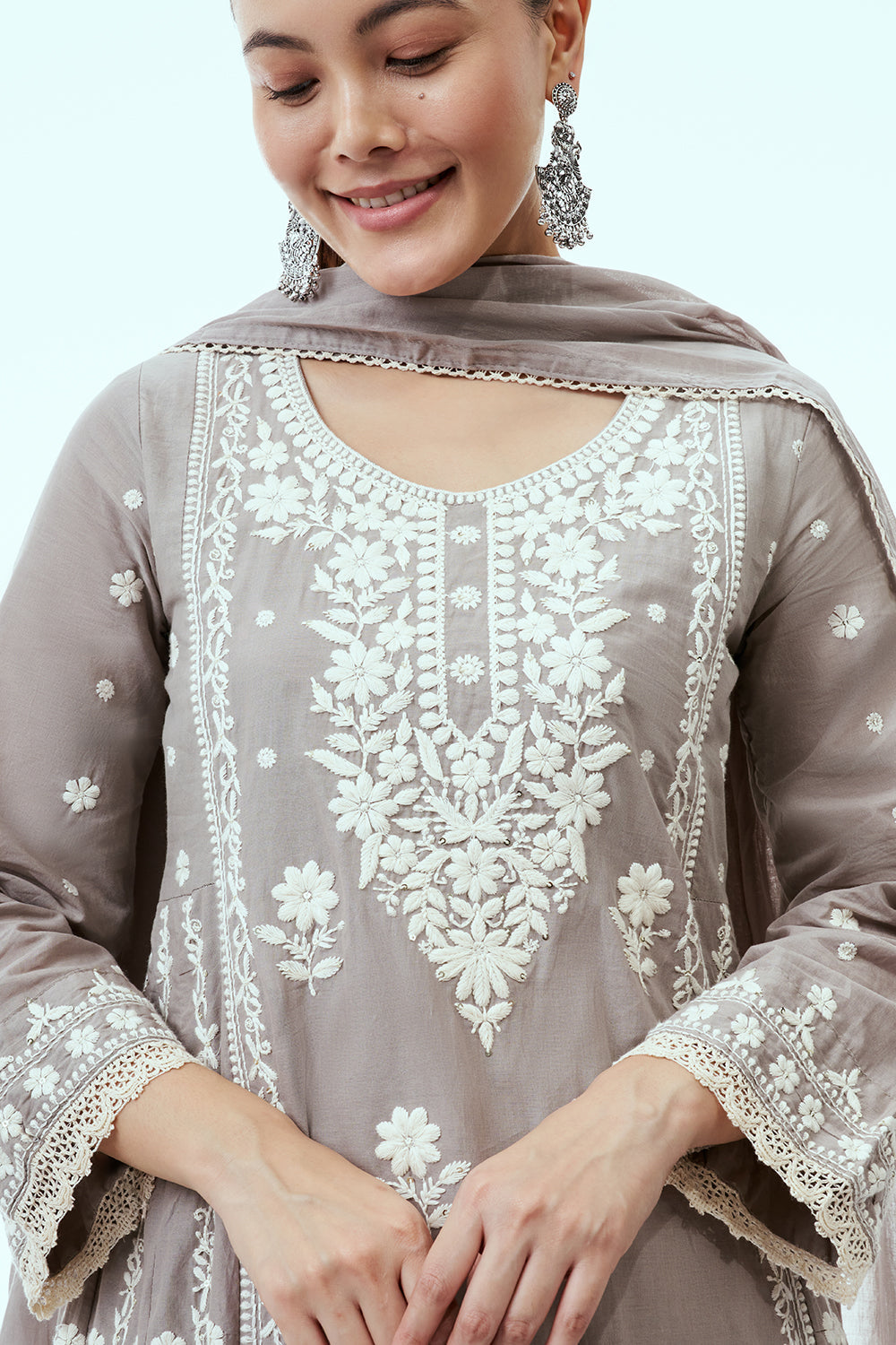Grey Mul Cotton Anarkali Set with Lucknowi Embroidery
