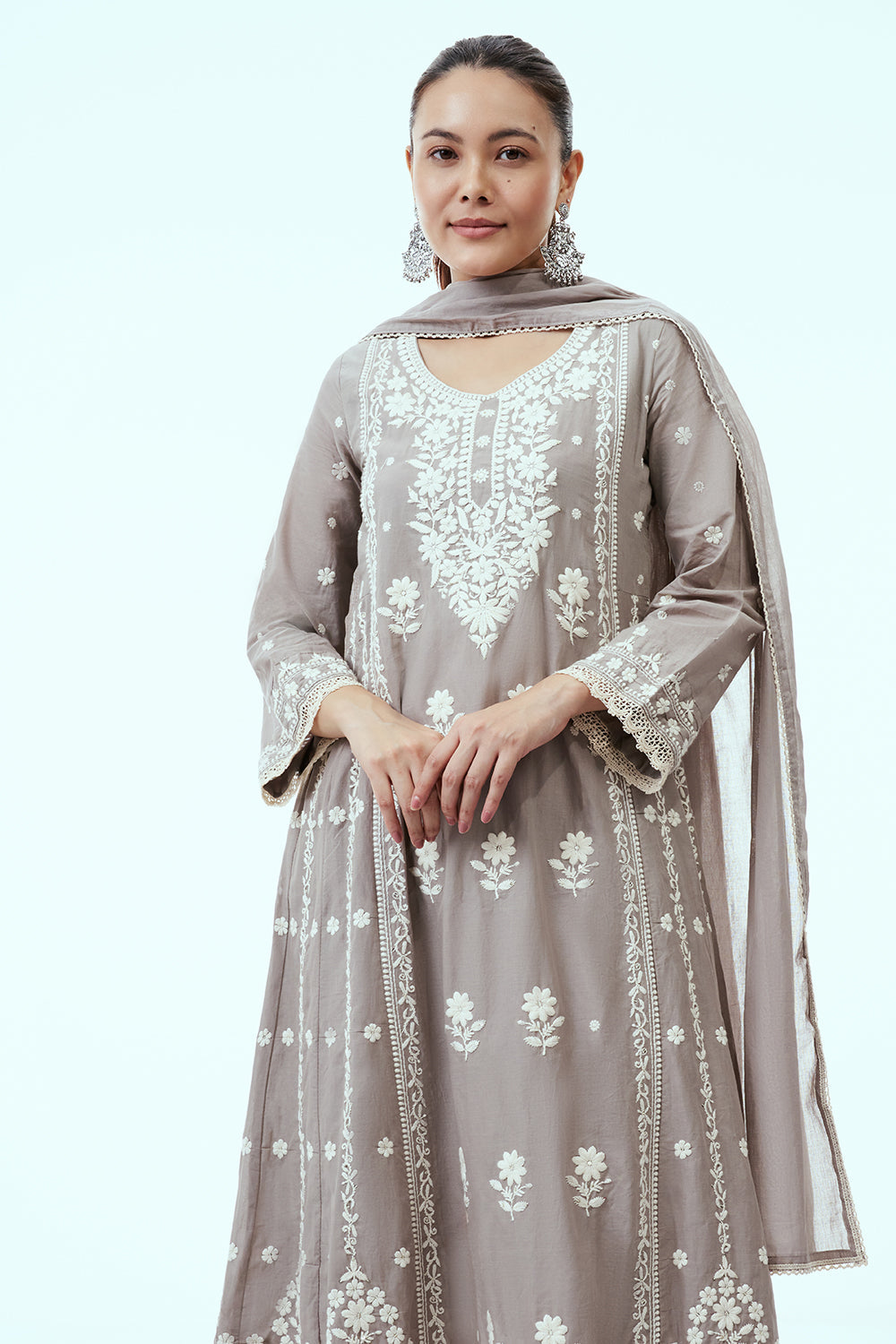 Grey Mul Cotton Anarkali Set with Lucknowi Embroidery