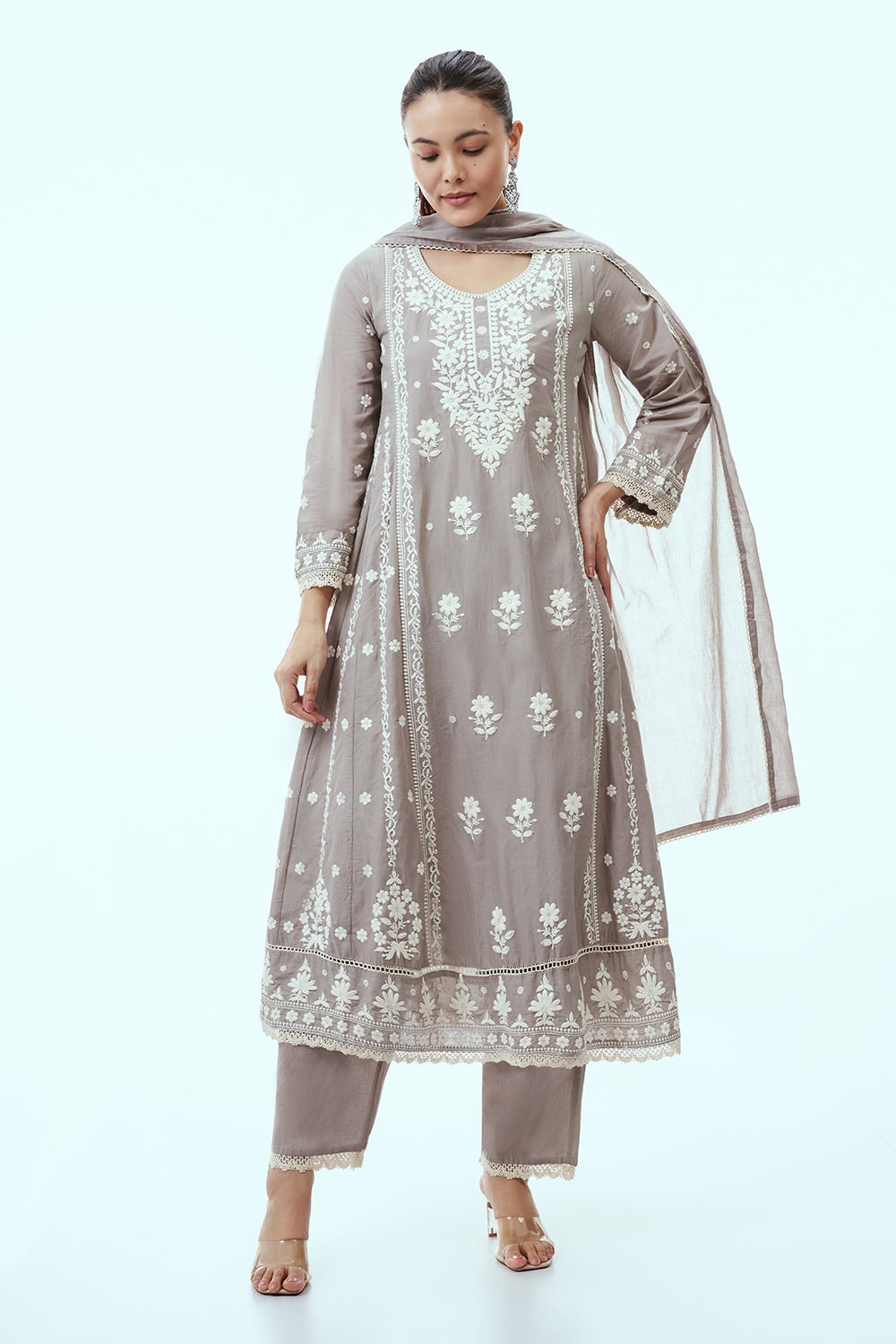 Grey Mul Cotton Anarkali Set with Lucknowi Embroidery