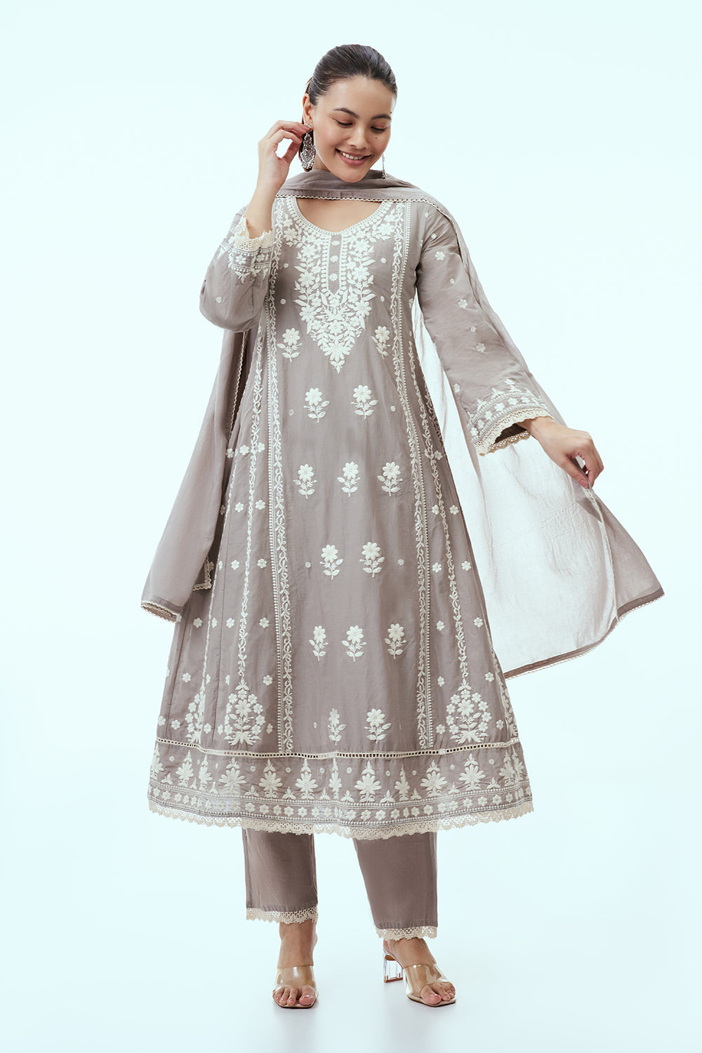Grey Mul Cotton Anarkali Set with Lucknowi Embroidery