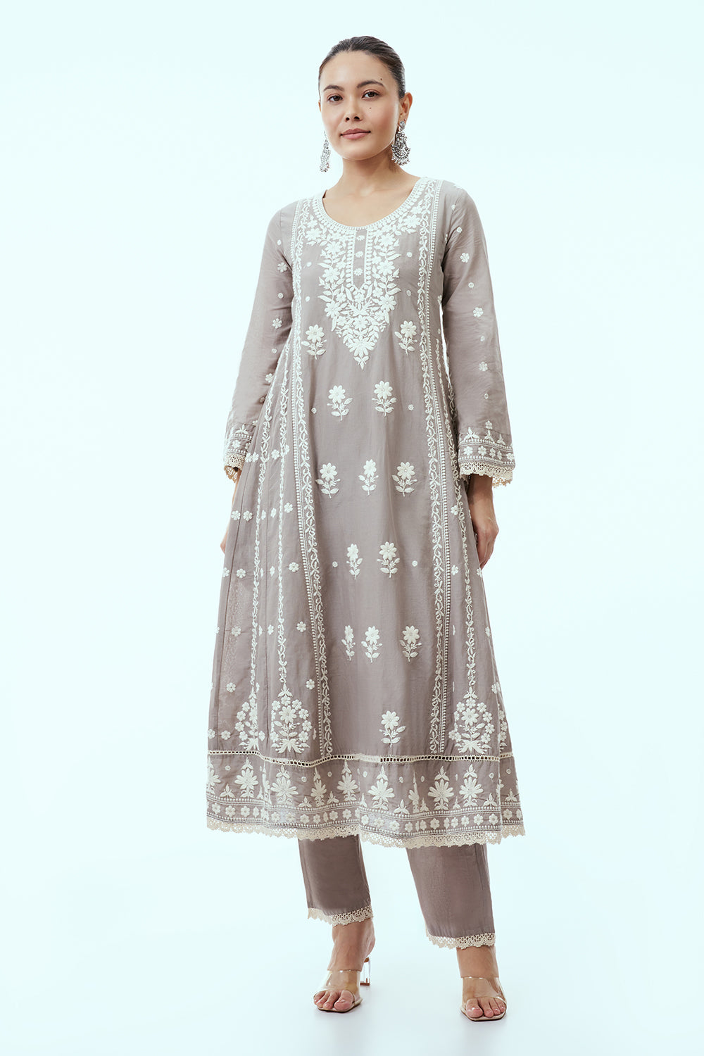 Grey Mul Cotton Anarkali Set with Lucknowi Embroidery