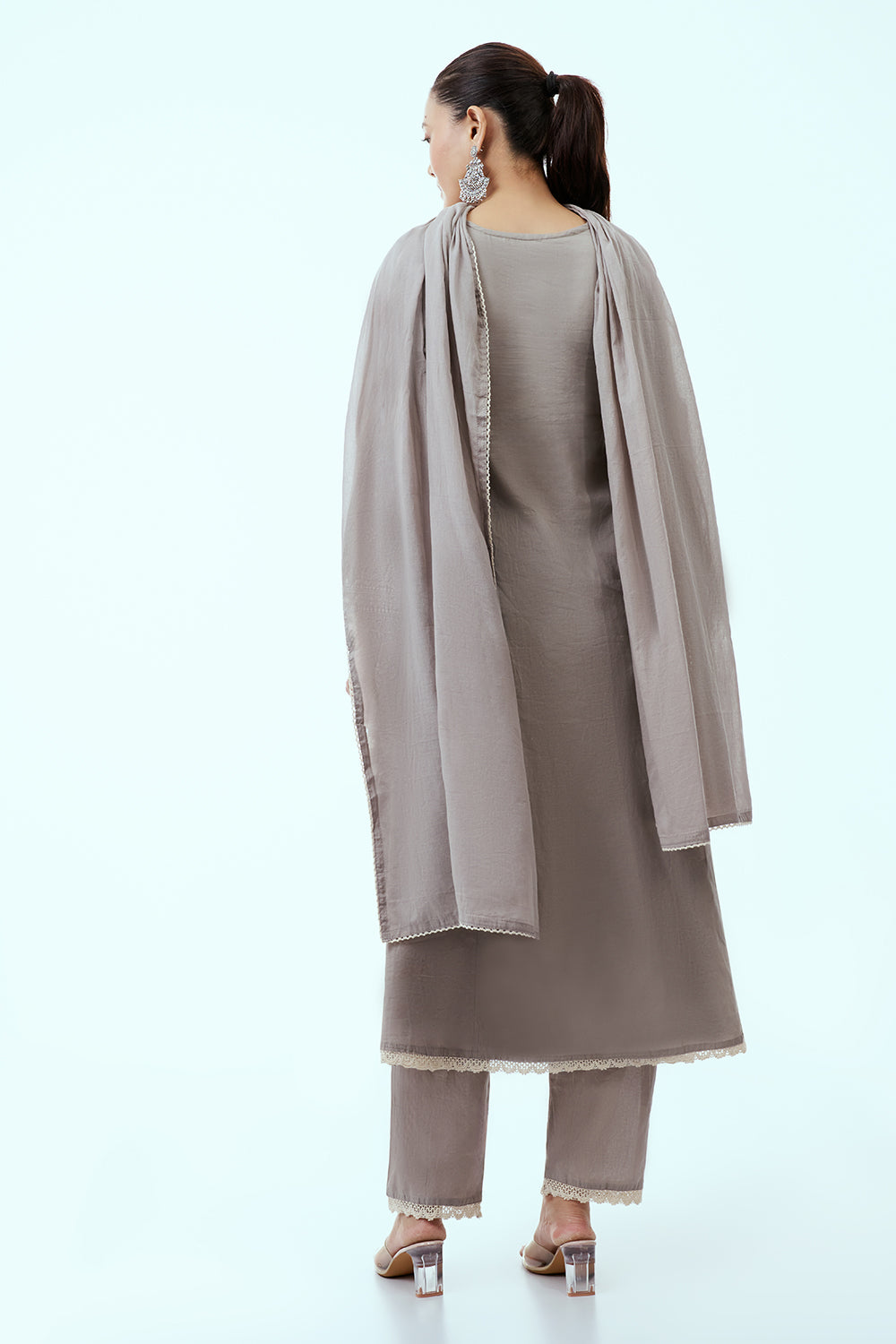 Grey Mul Cotton Anarkali Set with Lucknowi Embroidery