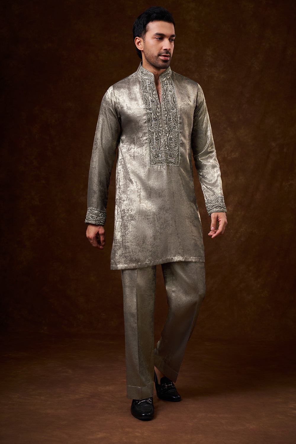 Grey Shimmer Georgette Men's Kurta Set with Zardozi Work