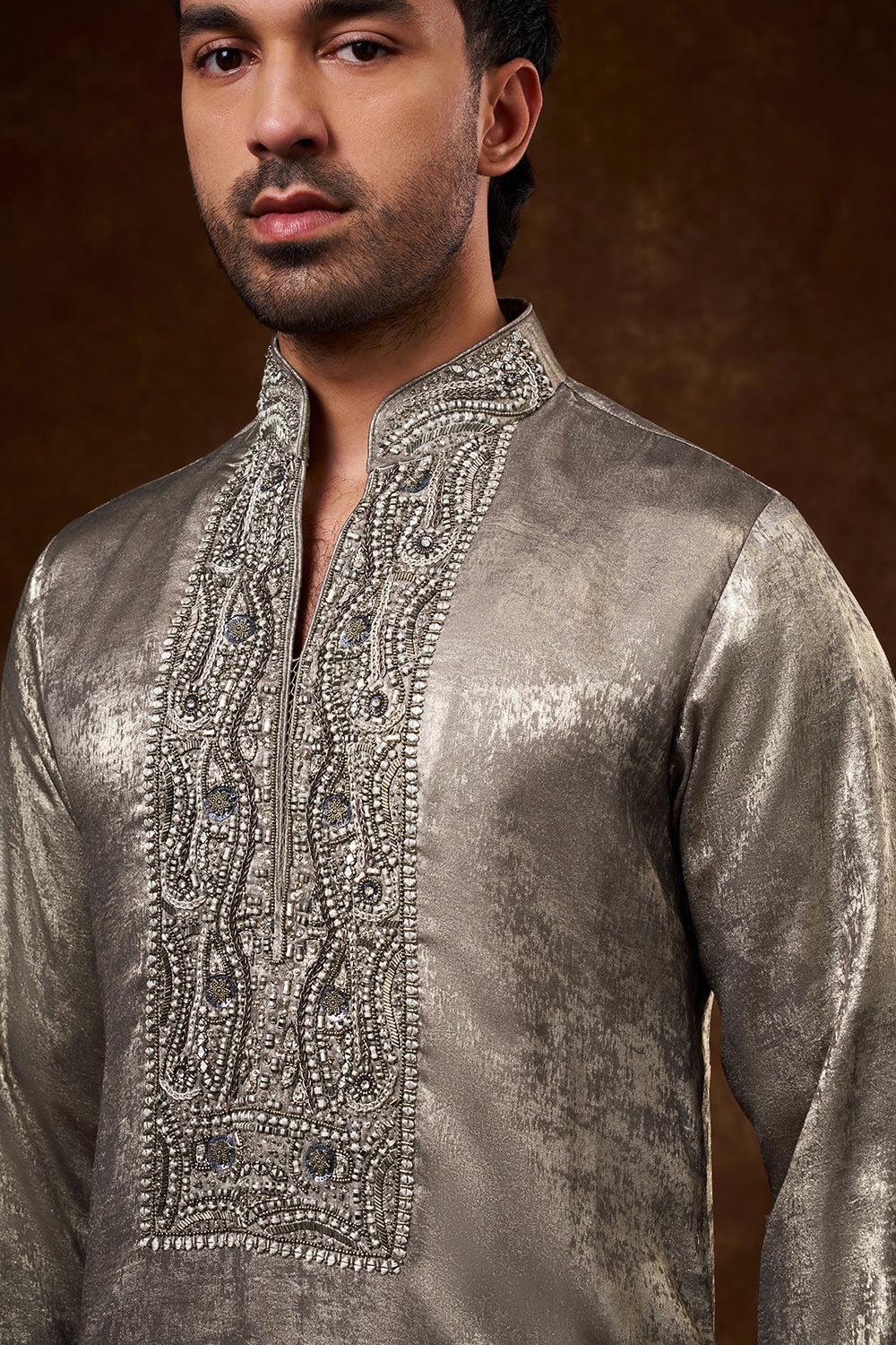 Grey Shimmer Georgette Men's Kurta Set with Zardozi Work