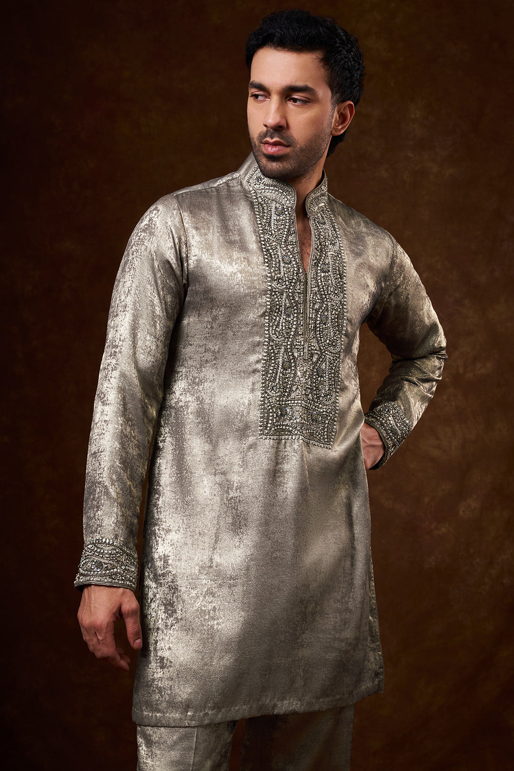 Grey Shimmer Georgette Men's Kurta Set with Zardozi Work