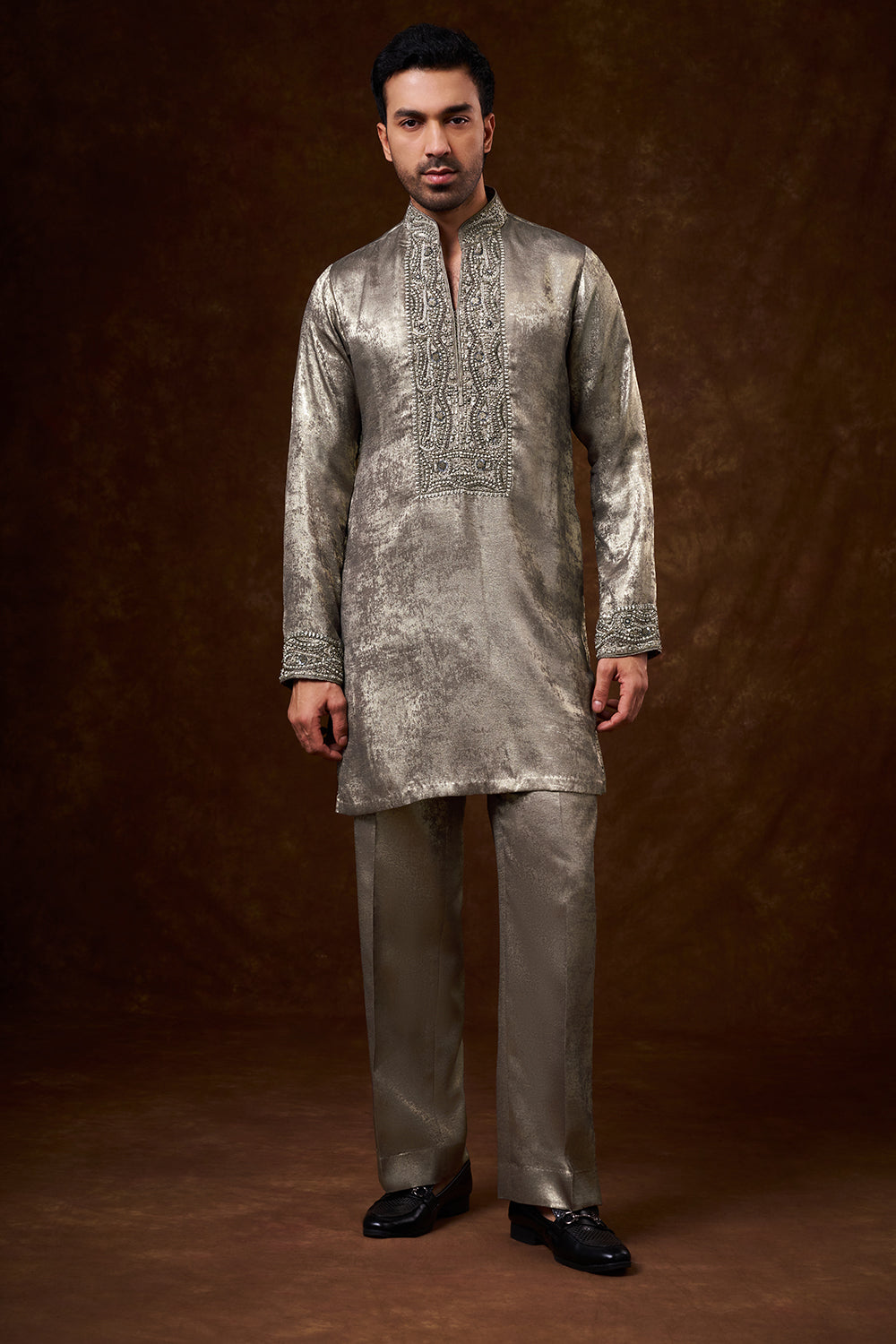 Grey Shimmer Georgette Men's Kurta Set with Zardozi Work