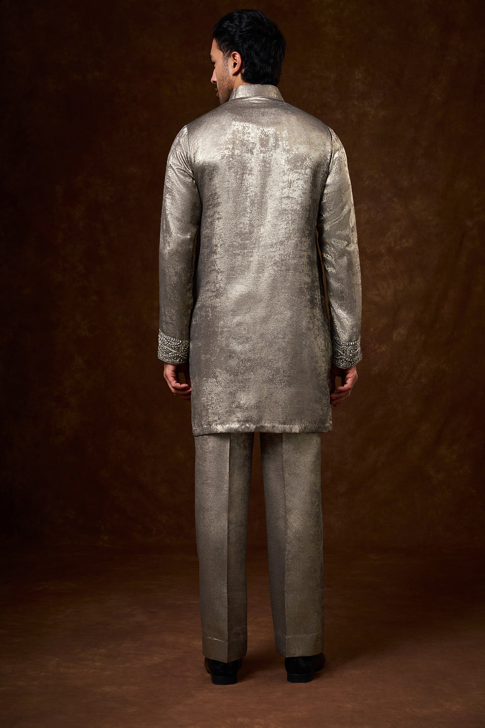 Grey Shimmer Georgette Men's Kurta Set with Zardozi Work
