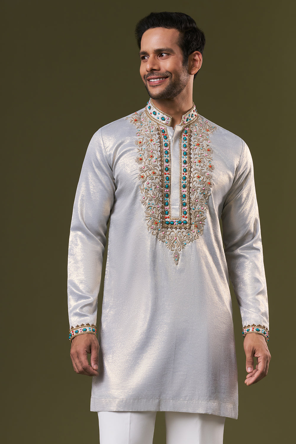 Grey Shimmer Mens Kurta Set with Beads and Zardosi Embroidery