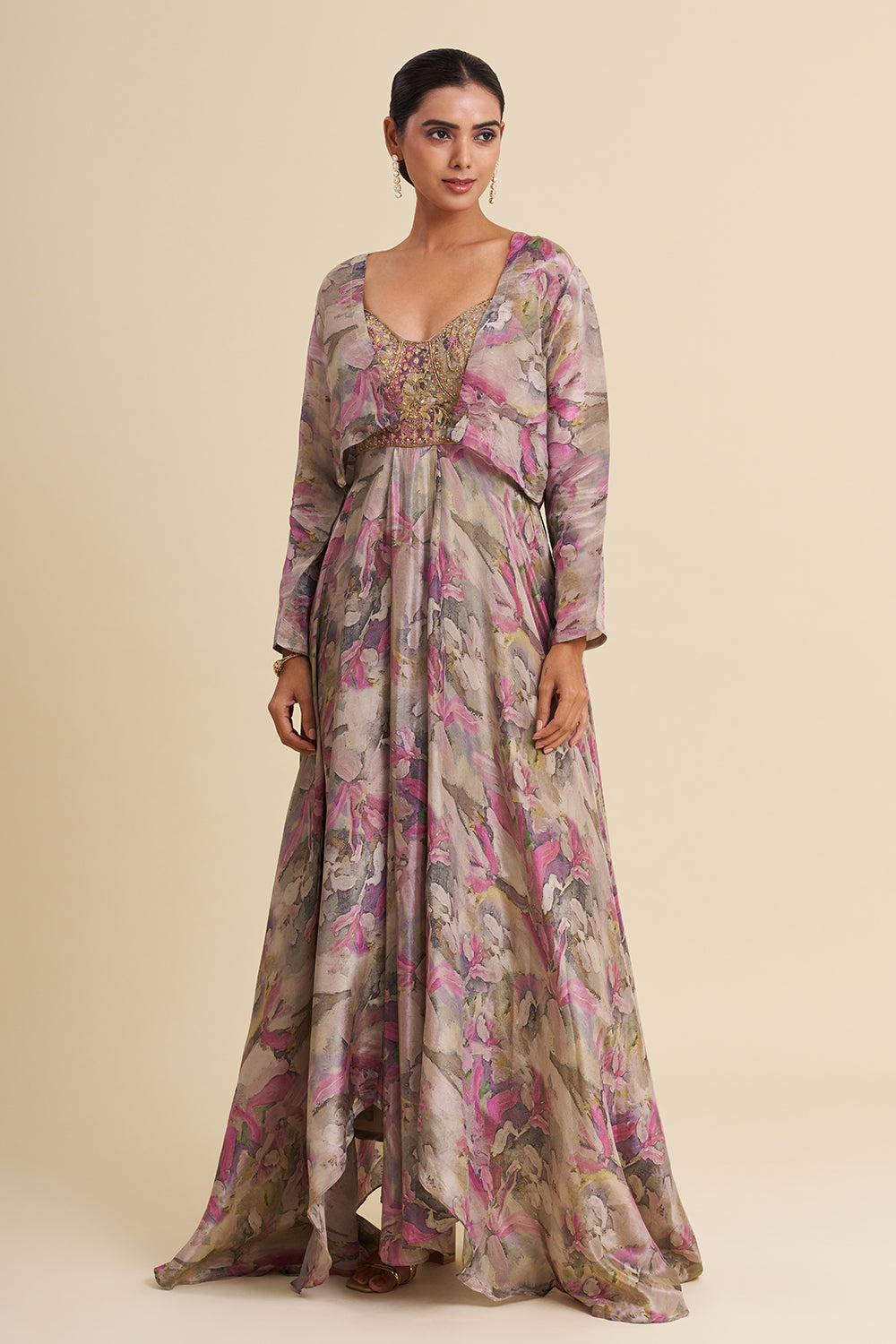 Grey Shimmer Viscose Gown with Zardozi Embroidery