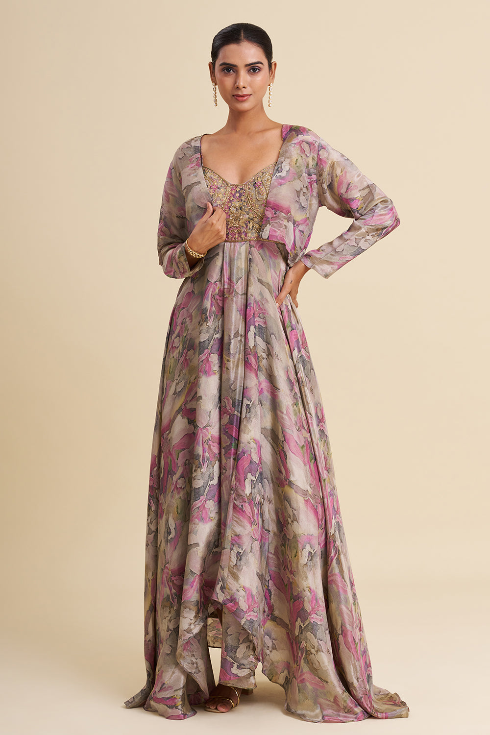Grey Shimmer Viscose Gown with Zardozi Embroidery