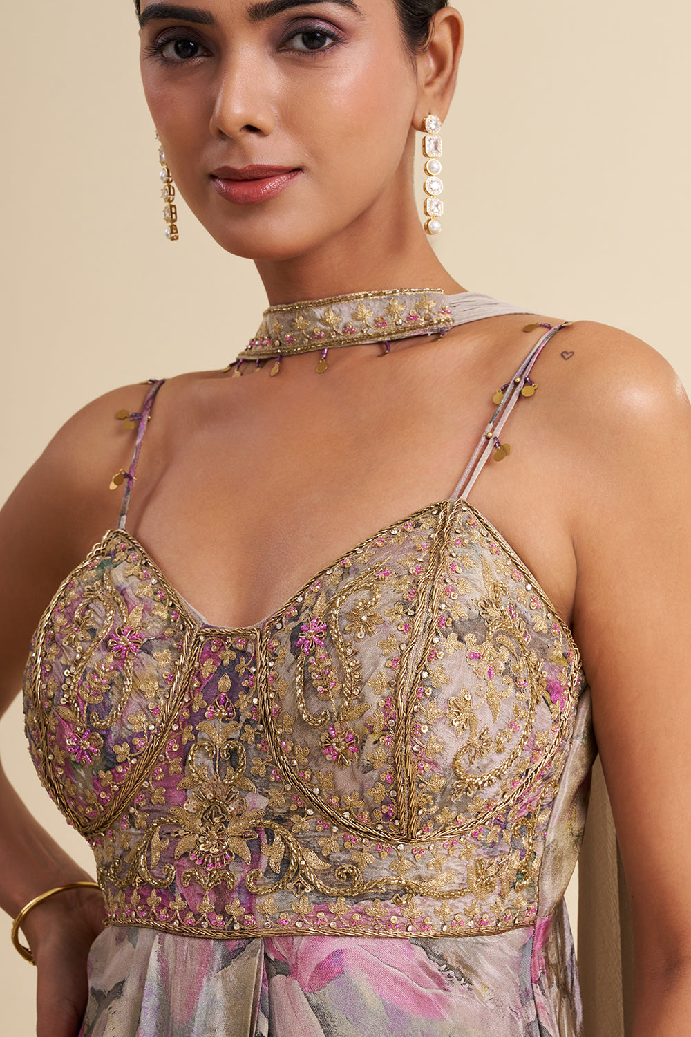 Grey Shimmer Viscose Gown with Zardozi Embroidery