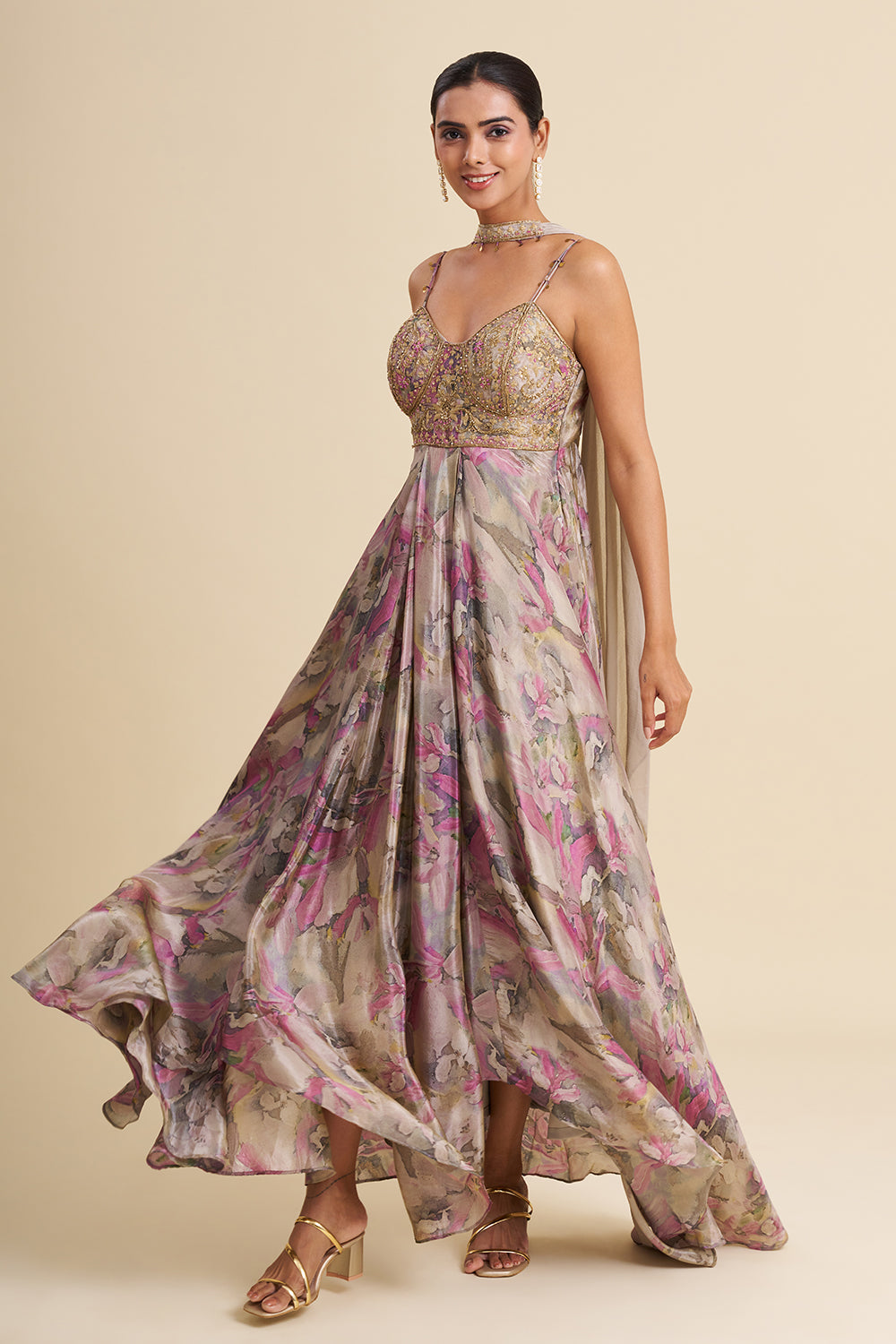 Grey Shimmer Viscose Gown with Zardozi Embroidery
