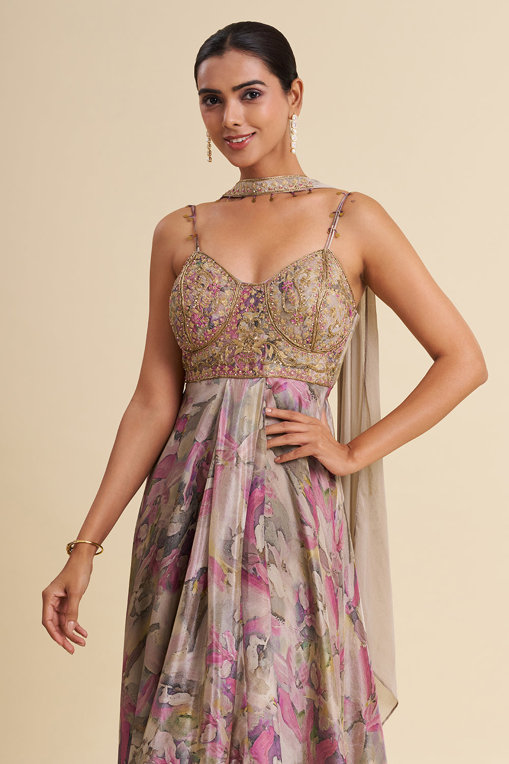 Grey Shimmer Viscose Gown with Zardozi Embroidery