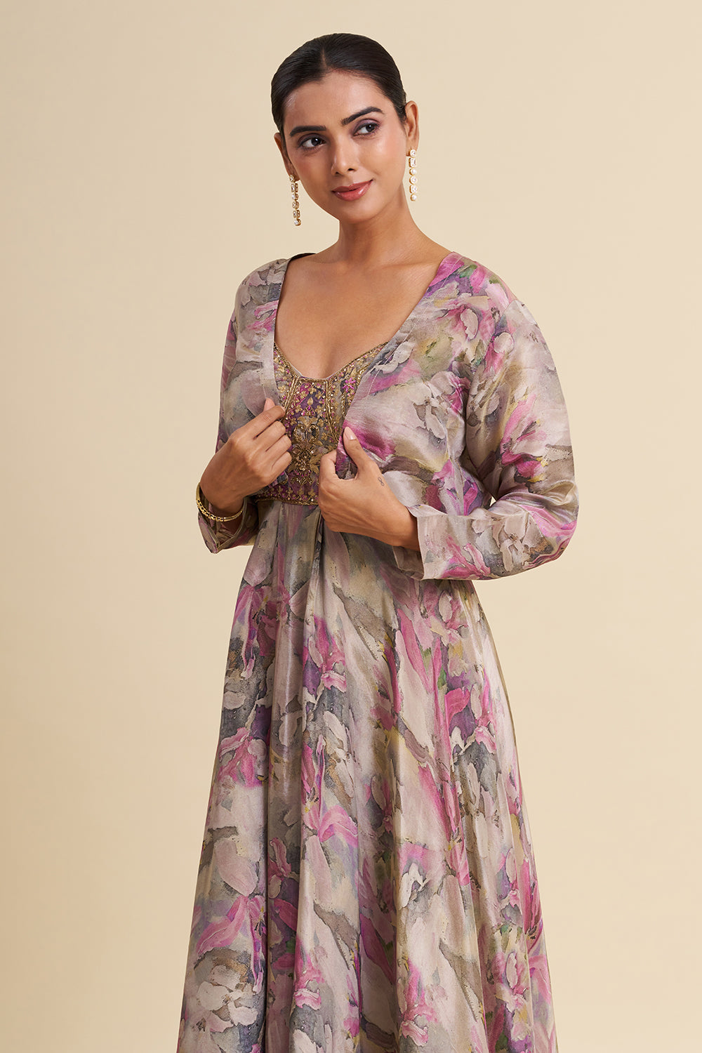 Grey Shimmer Viscose Gown with Zardozi Embroidery