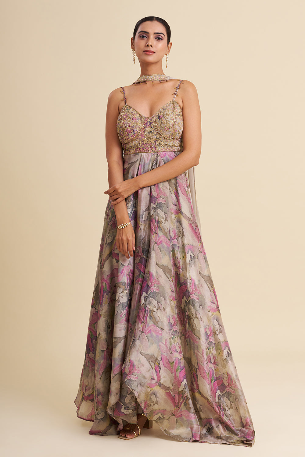 Grey Shimmer Viscose Gown with Zardozi Embroidery